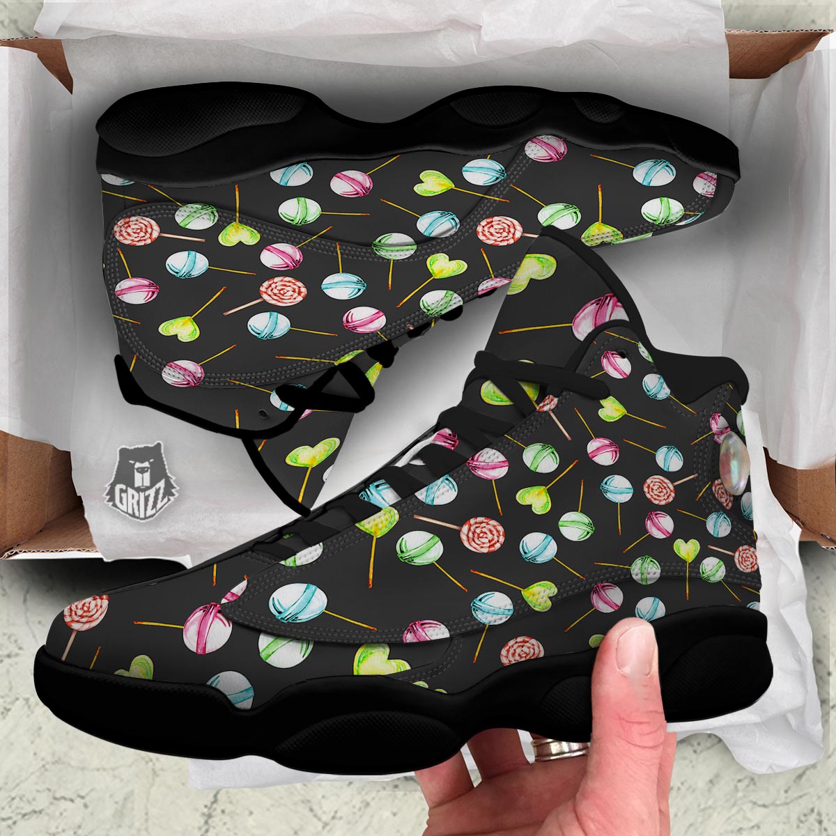 Candy Sweet Print Pattern Black Basketball Shoes-grizzshop
