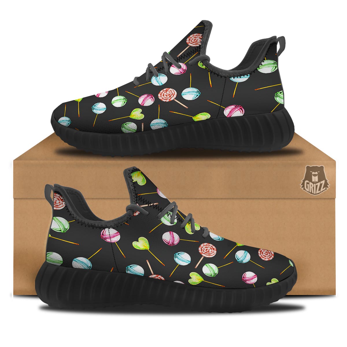 Candy Sweet Print Pattern Black Walking Shoes-grizzshop