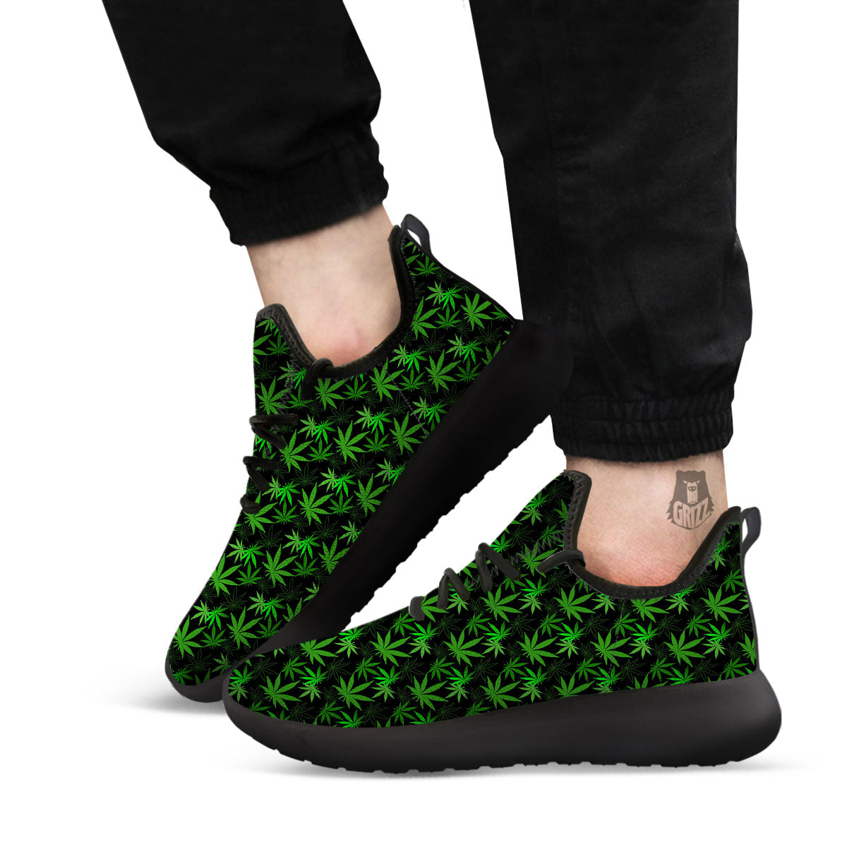 Cannabis Leaf Black And Green Print Black Athletic Shoes-grizzshop