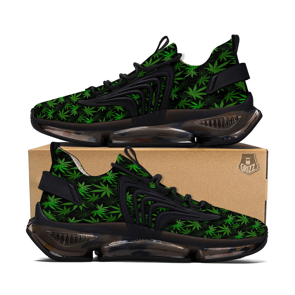 Cannabis Leaf Black And Green Print Black Gym Shoes-grizzshop