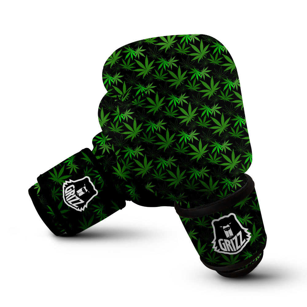 Cannabis Leaf Black And Green Print Boxing Gloves-grizzshop