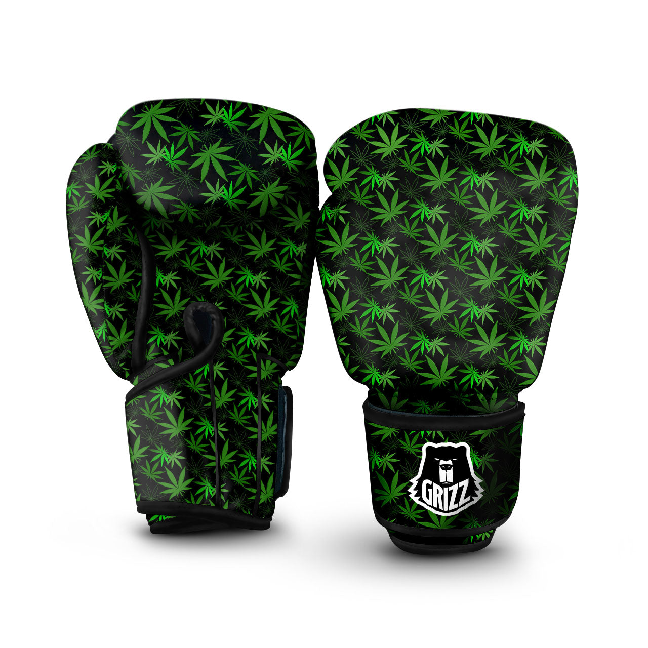 Cannabis Leaf Black And Green Print Boxing Gloves-grizzshop