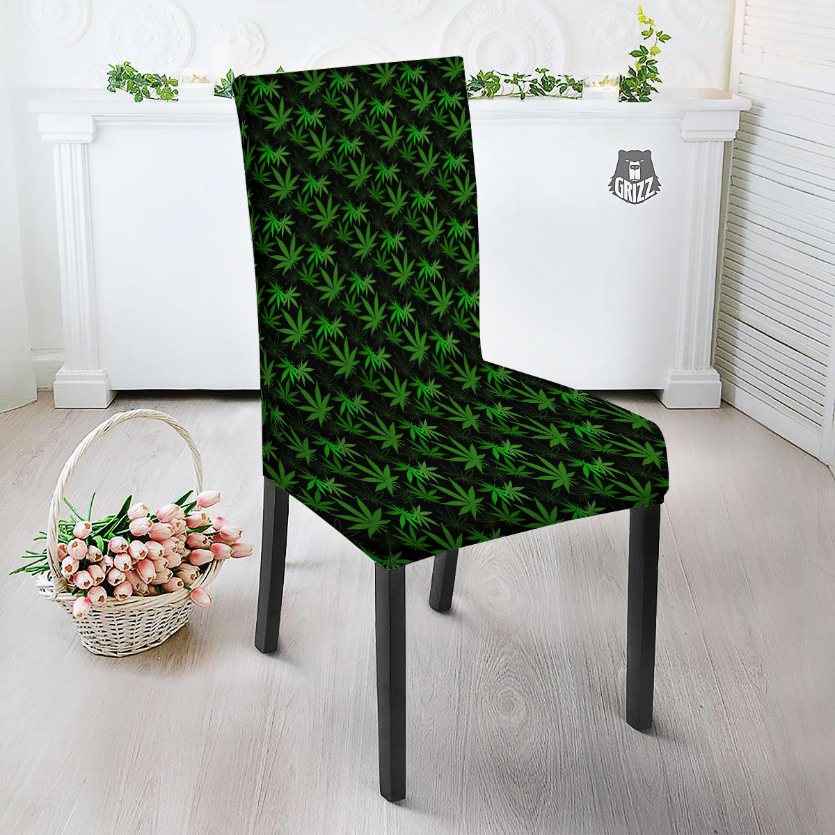 Cannabis Leaf Black And Green Print Dining Chair Slipcover-grizzshop