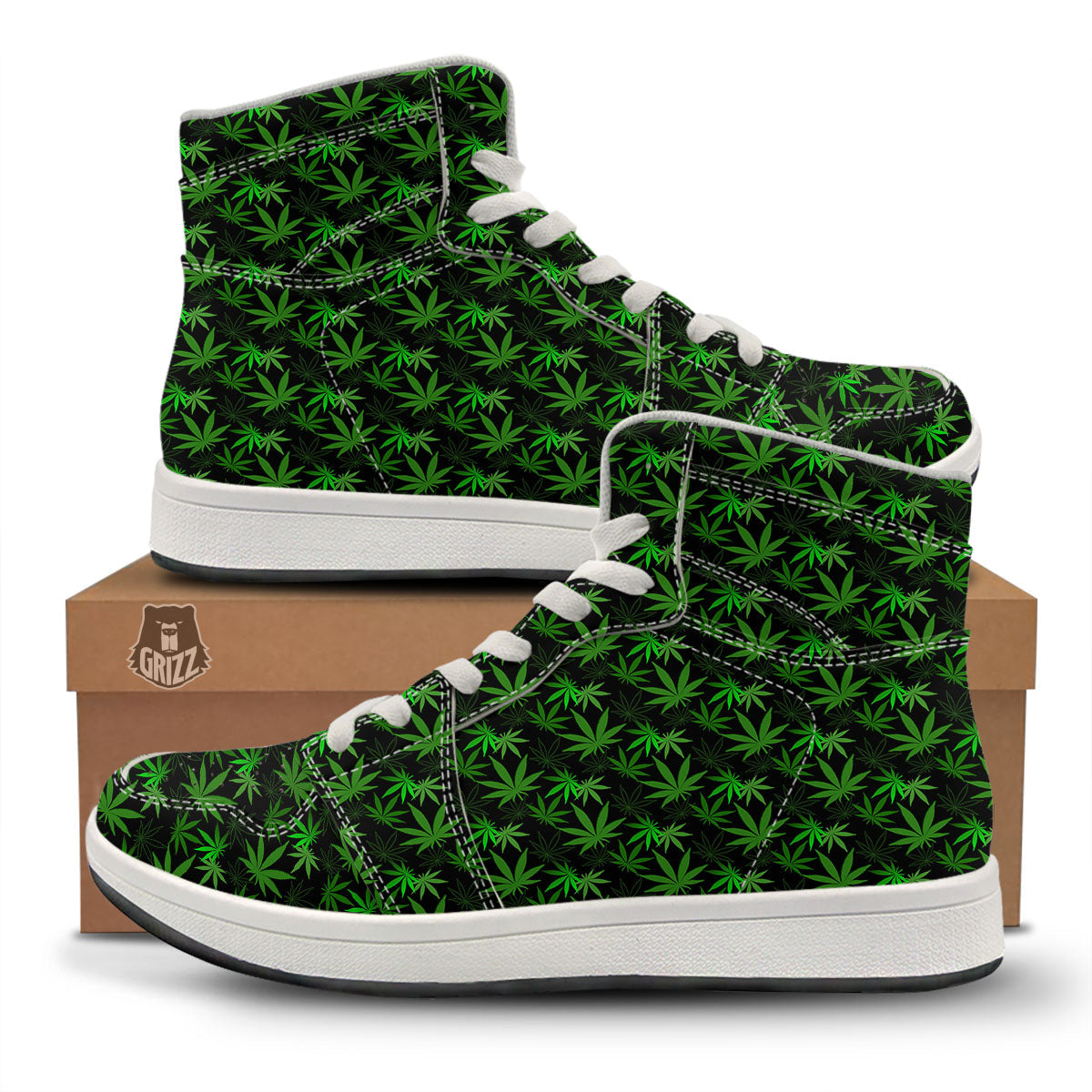 Cannabis Leaf Black And Green Print High Top Sneakers-grizzshop