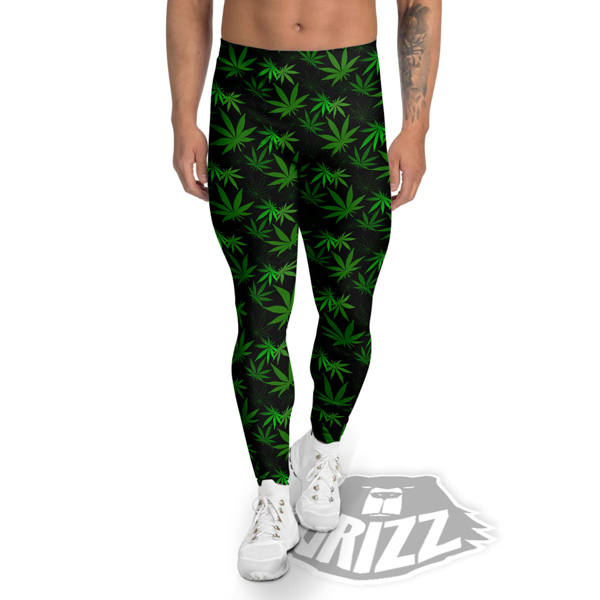 Cannabis Leaf Black And Green Print Men's Leggings-grizzshop