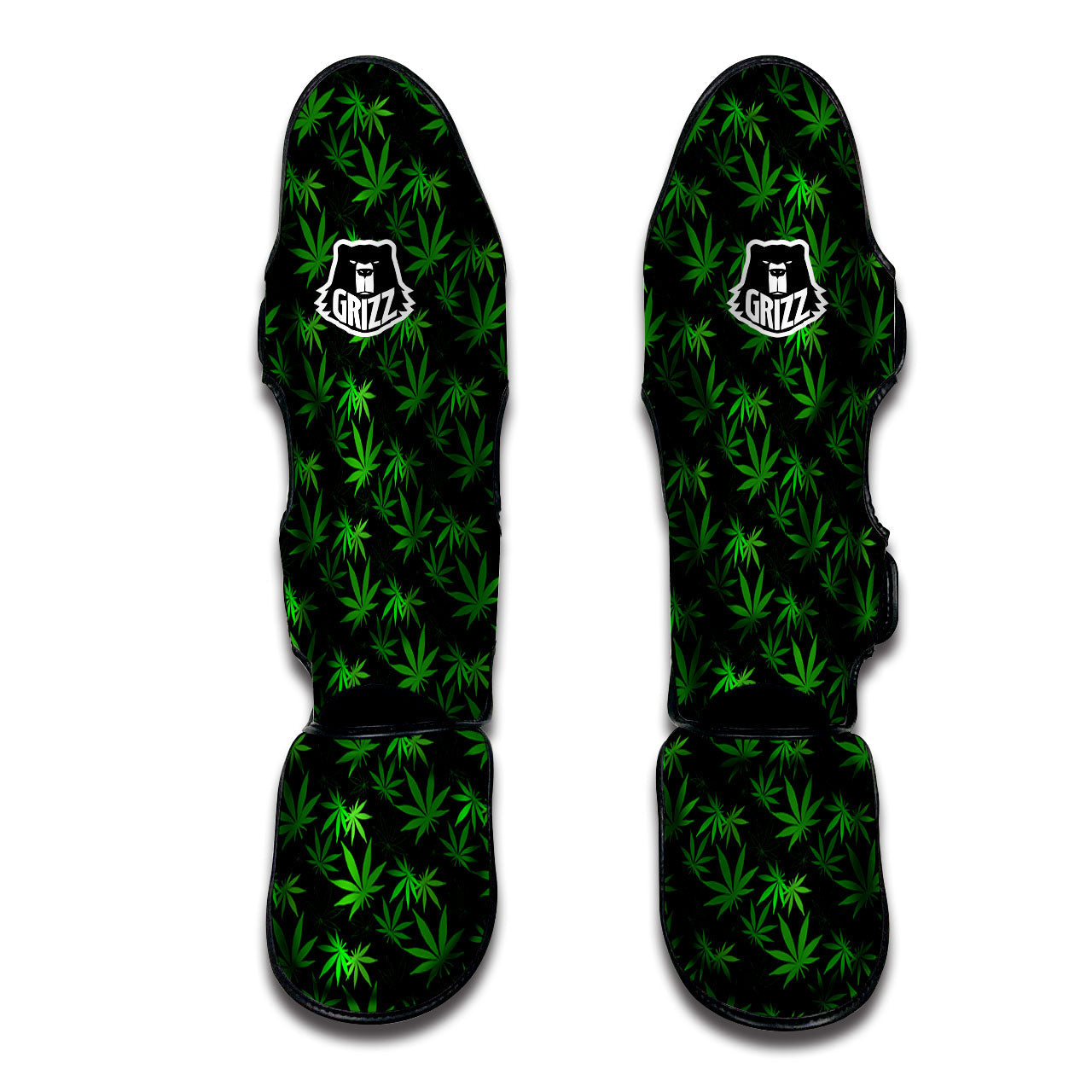 Cannabis Leaf Black And Green Print Muay Thai Shin Guards-grizzshop