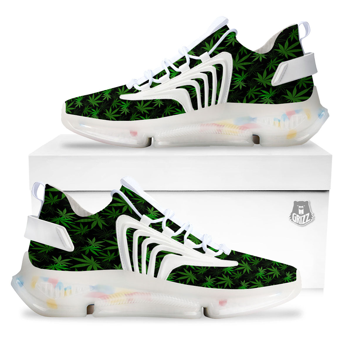 Cannabis Leaf Black And Green Print White Gym Shoes-grizzshop