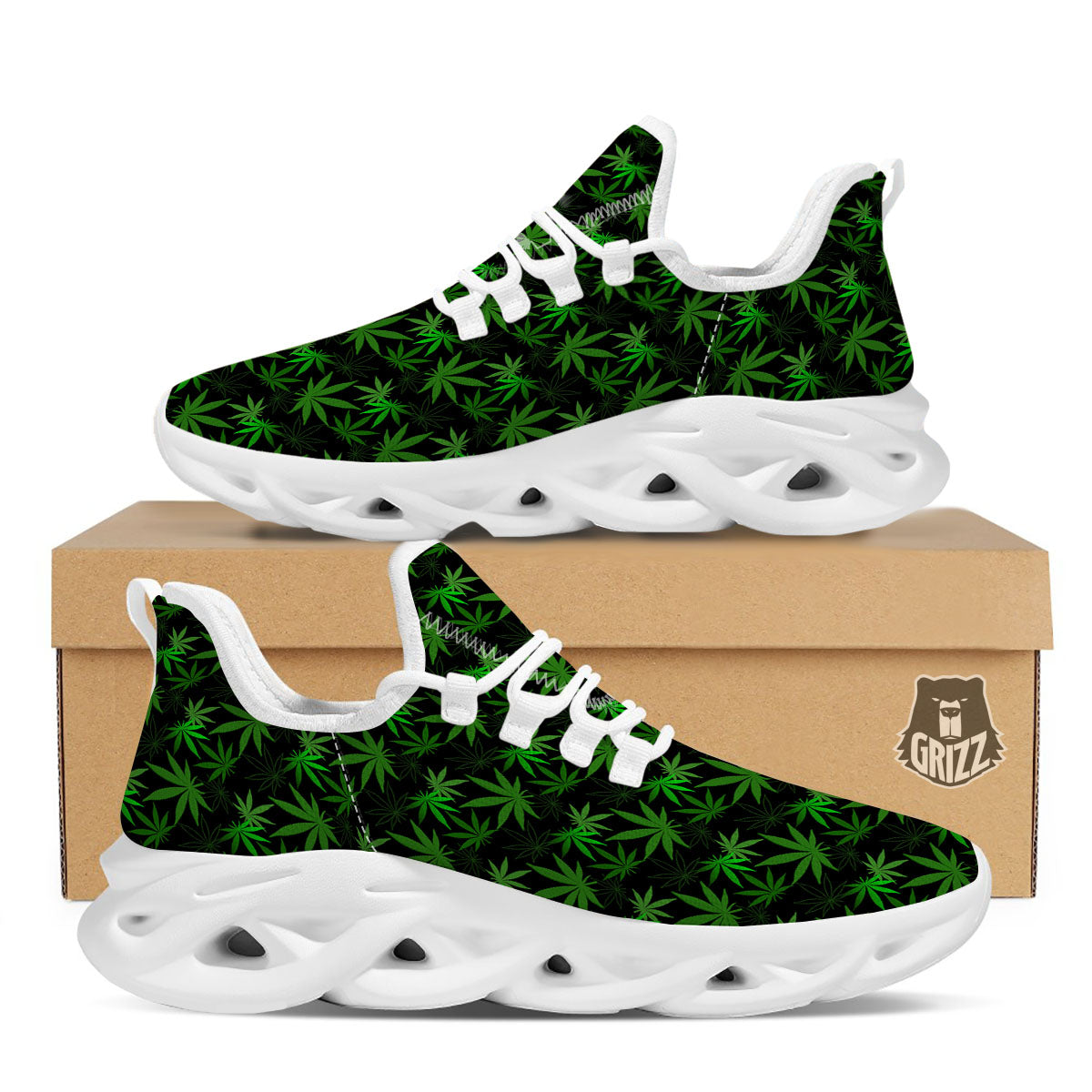 Cannabis Leaf Black And Green Print White Running Shoes-grizzshop