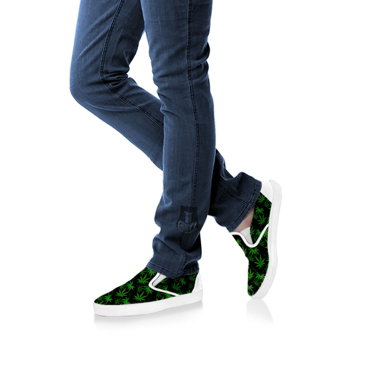 Cannabis Leaf Black And Green Print White Slip On Shoes-grizzshop