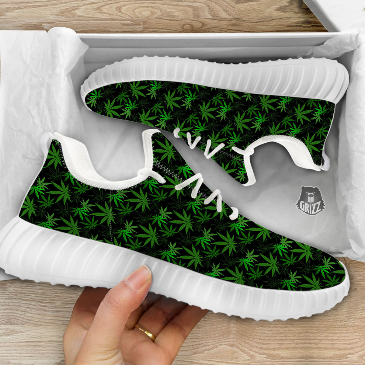 Cannabis Leaf Black And Green Print White Walking Shoes-grizzshop