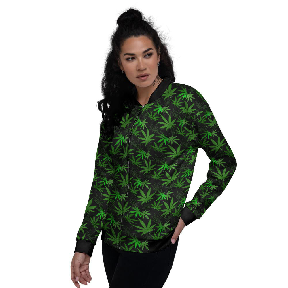 Cannabis Leaf Black And Green Print Women's Bomber Jacket-grizzshop