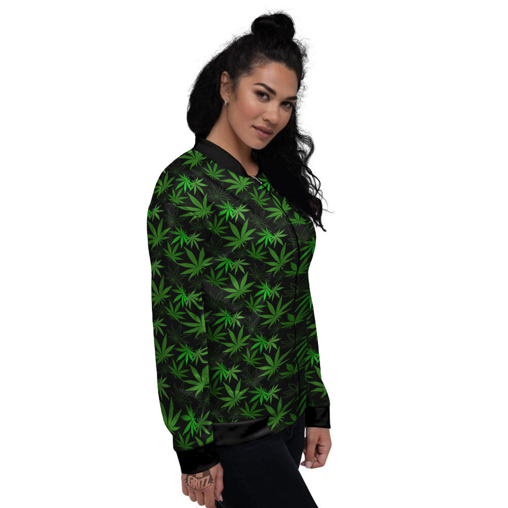 Cannabis Leaf Black And Green Print Women's Bomber Jacket-grizzshop