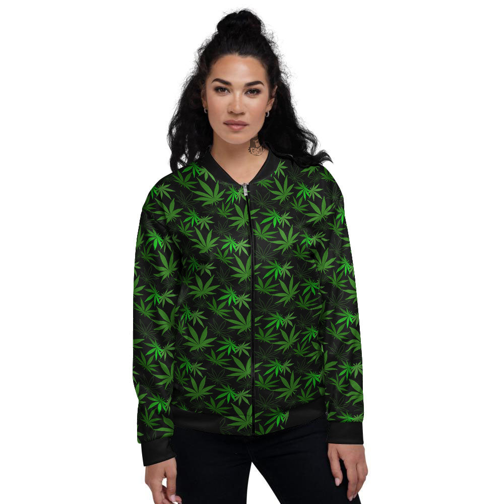 Cannabis Leaf Black And Green Print Women's Bomber Jacket-grizzshop