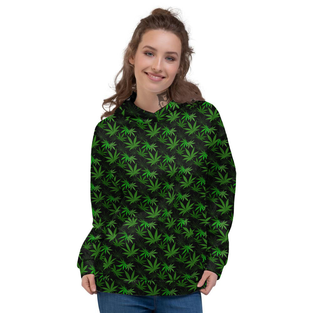 Cannabis Leaf Black And Green Print Women's Hoodie-grizzshop