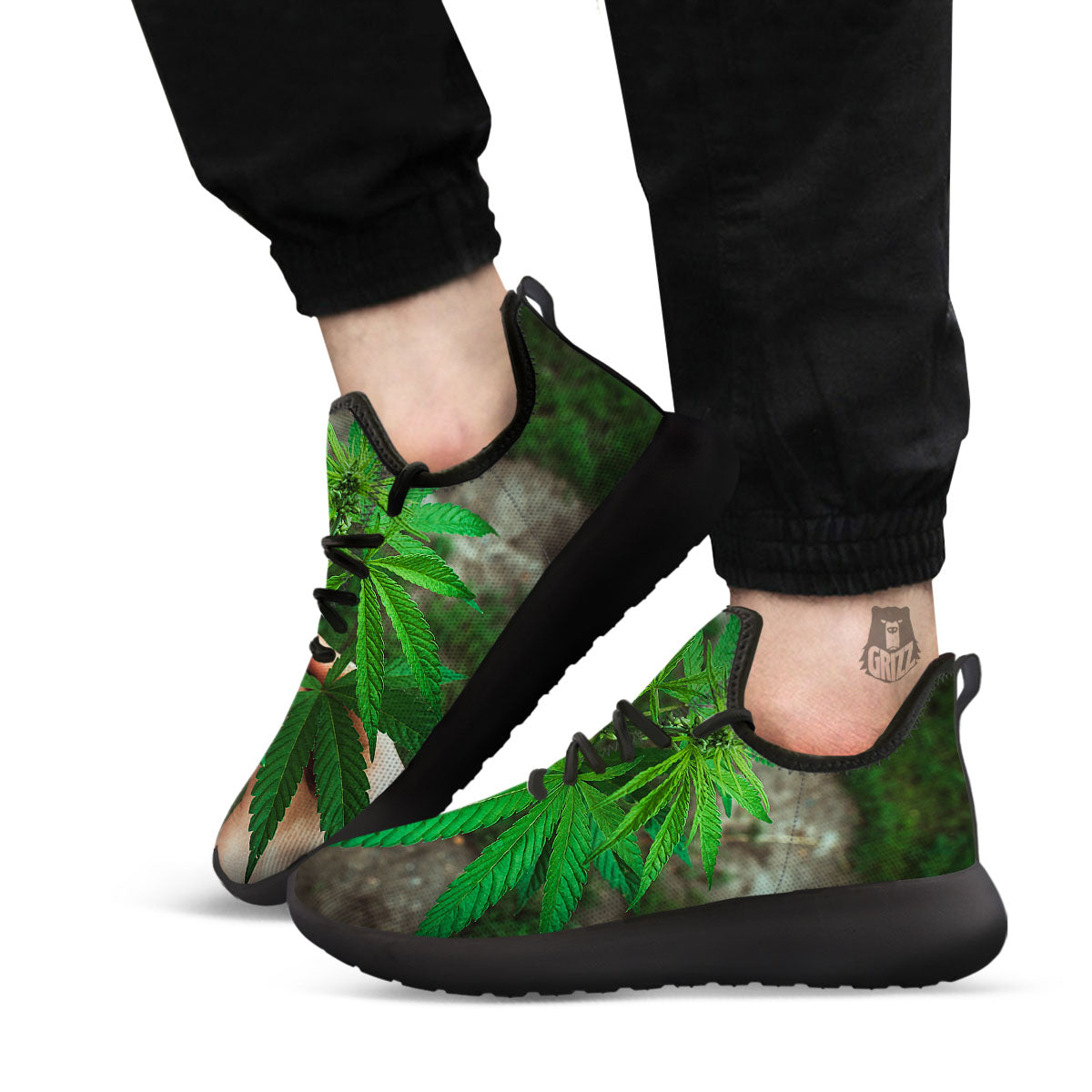Cannabis Leaf Forest Green Print Black Athletic Shoes-grizzshop