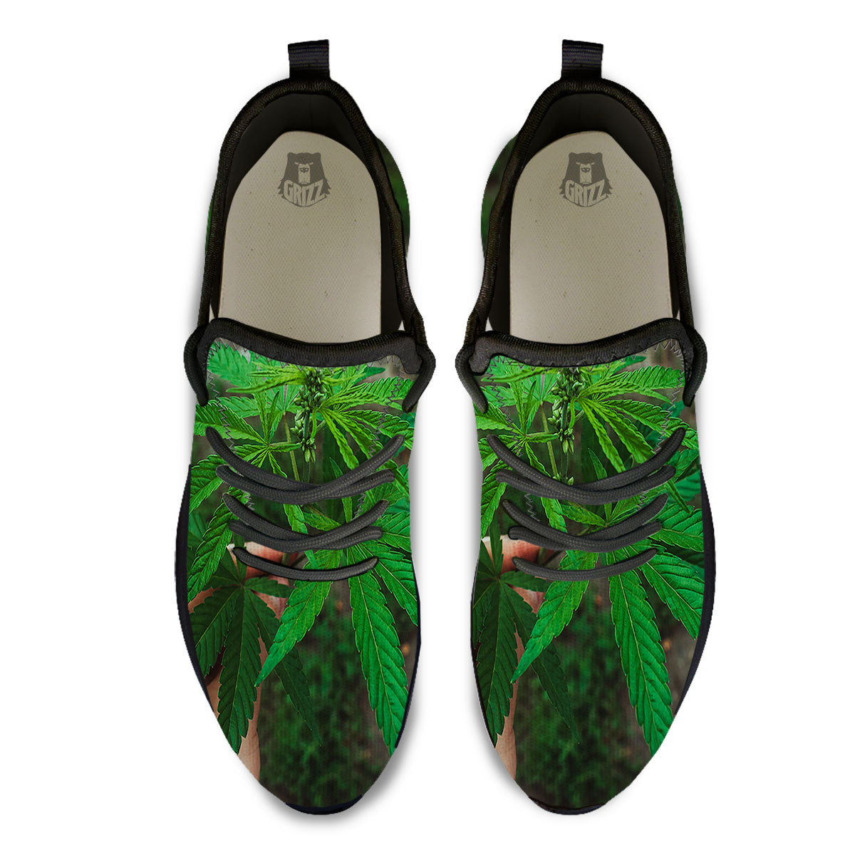 Cannabis Leaf Forest Green Print Black Athletic Shoes-grizzshop