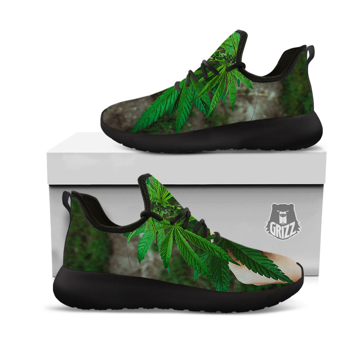 Cannabis Leaf Forest Green Print Black Athletic Shoes-grizzshop