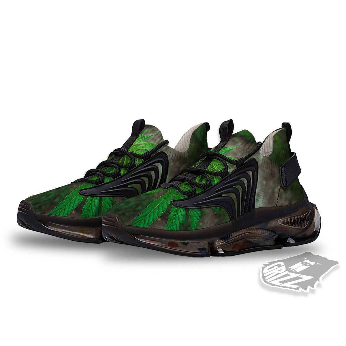 Cannabis Leaf Forest Green Print Black Gym Shoes-grizzshop