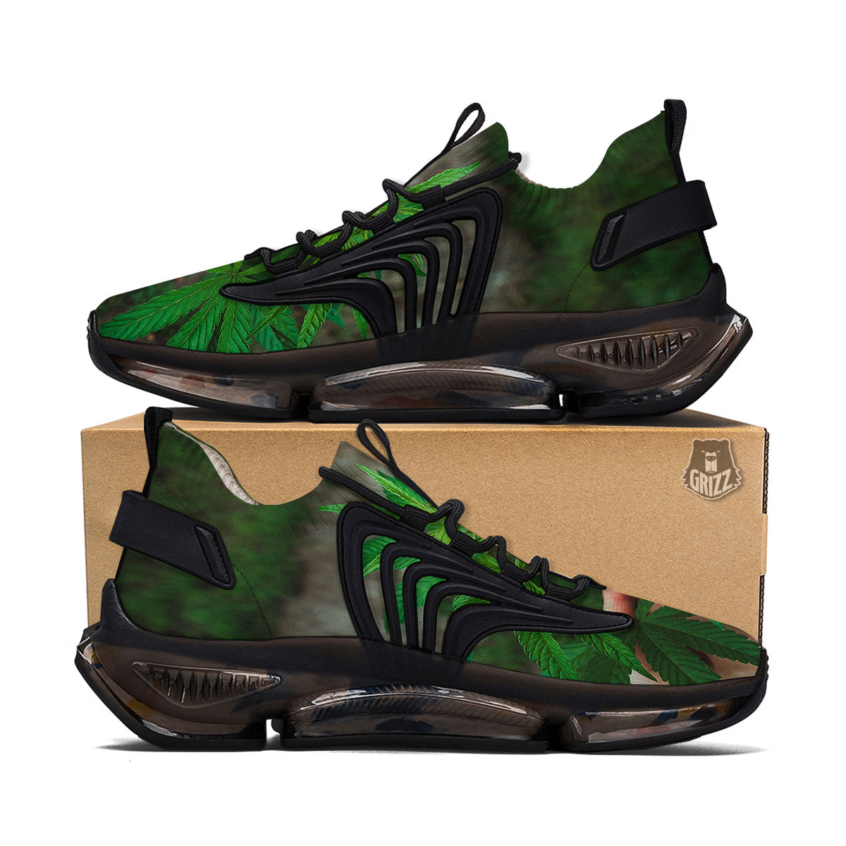 Cannabis Leaf Forest Green Print Black Gym Shoes-grizzshop