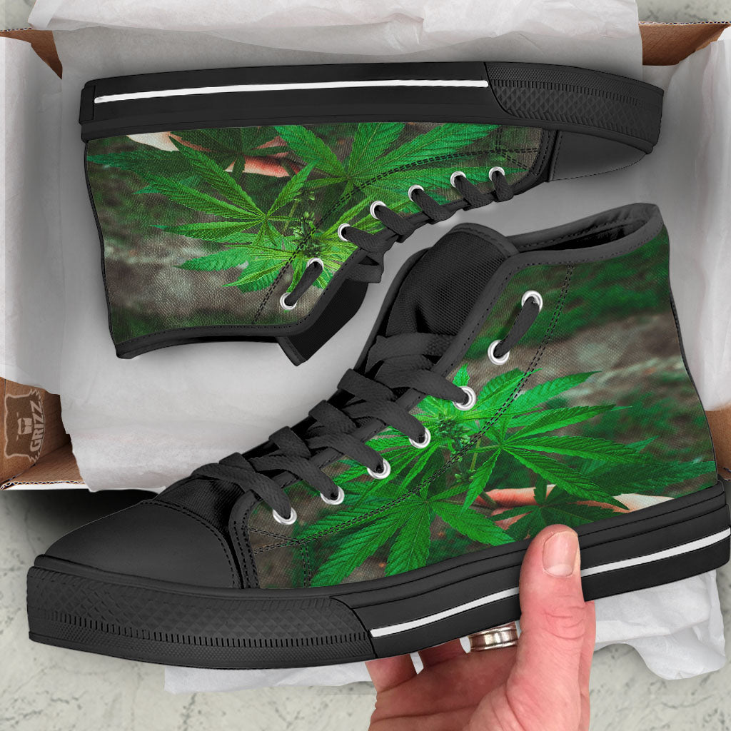 Cannabis Leaf Forest Green Print Black High Top Shoes-grizzshop