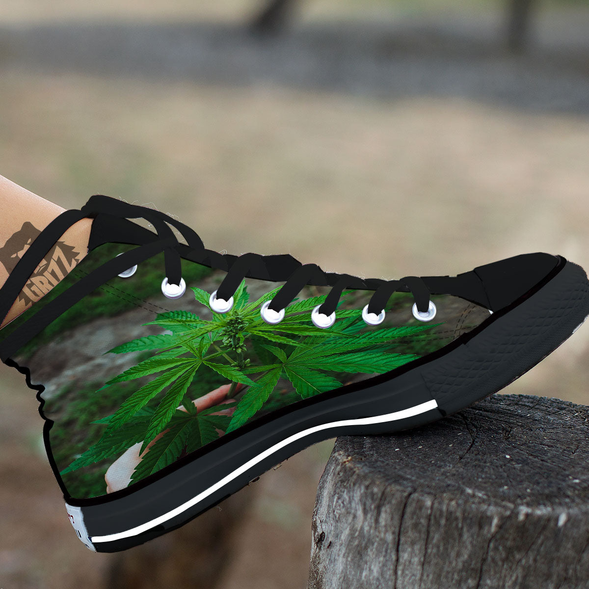 Cannabis Leaf Forest Green Print Black High Top Shoes-grizzshop