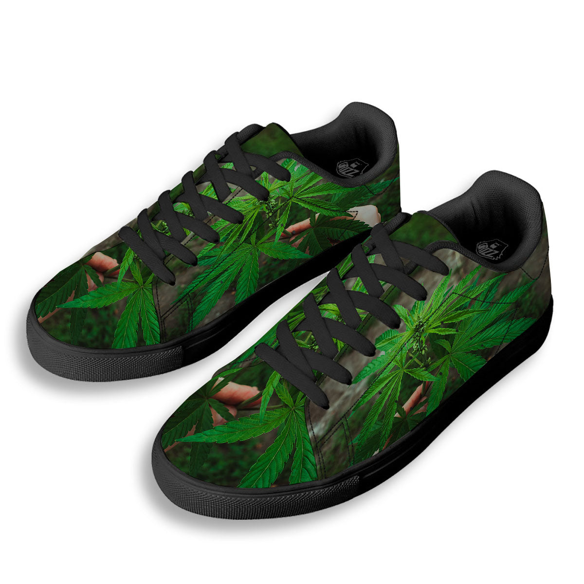 Cannabis Leaf Forest Green Print Black Low Top Sneakers-grizzshop