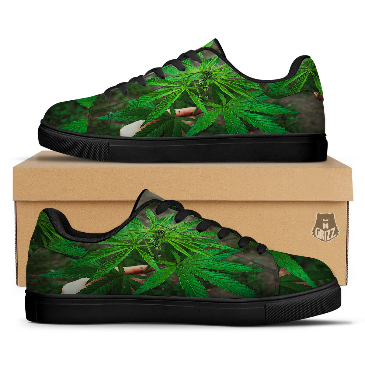 Cannabis Leaf Forest Green Print Black Low Top Sneakers-grizzshop
