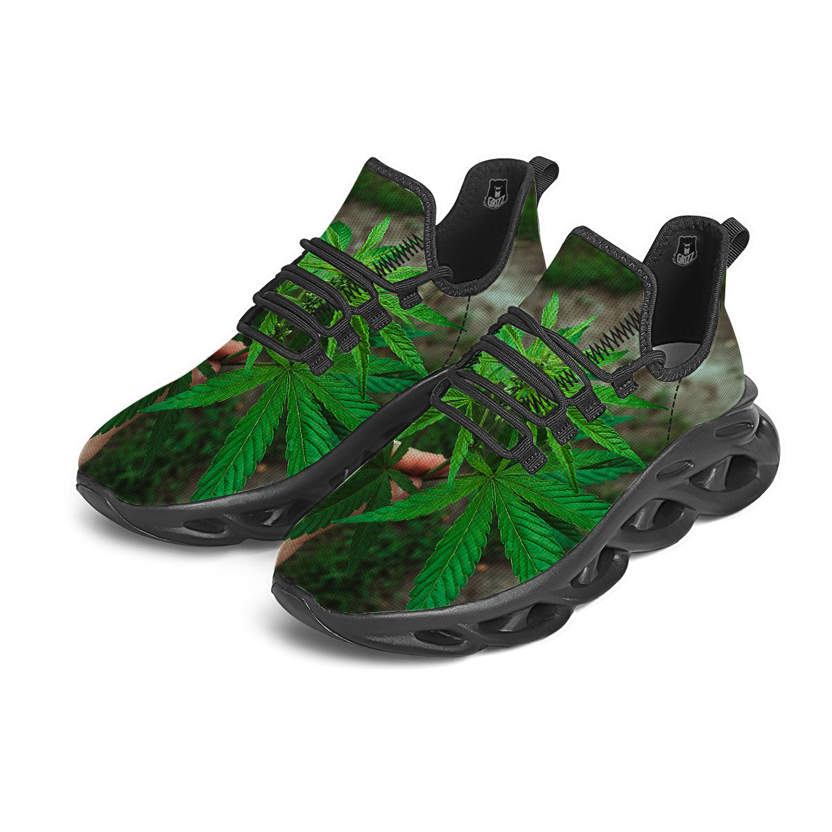 Cannabis Leaf Forest Green Print Black Running Shoes-grizzshop