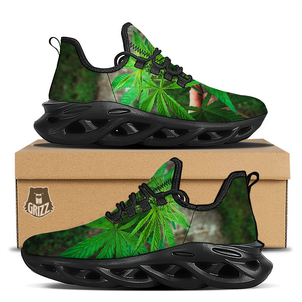 Cannabis Leaf Forest Green Print Black Running Shoes-grizzshop