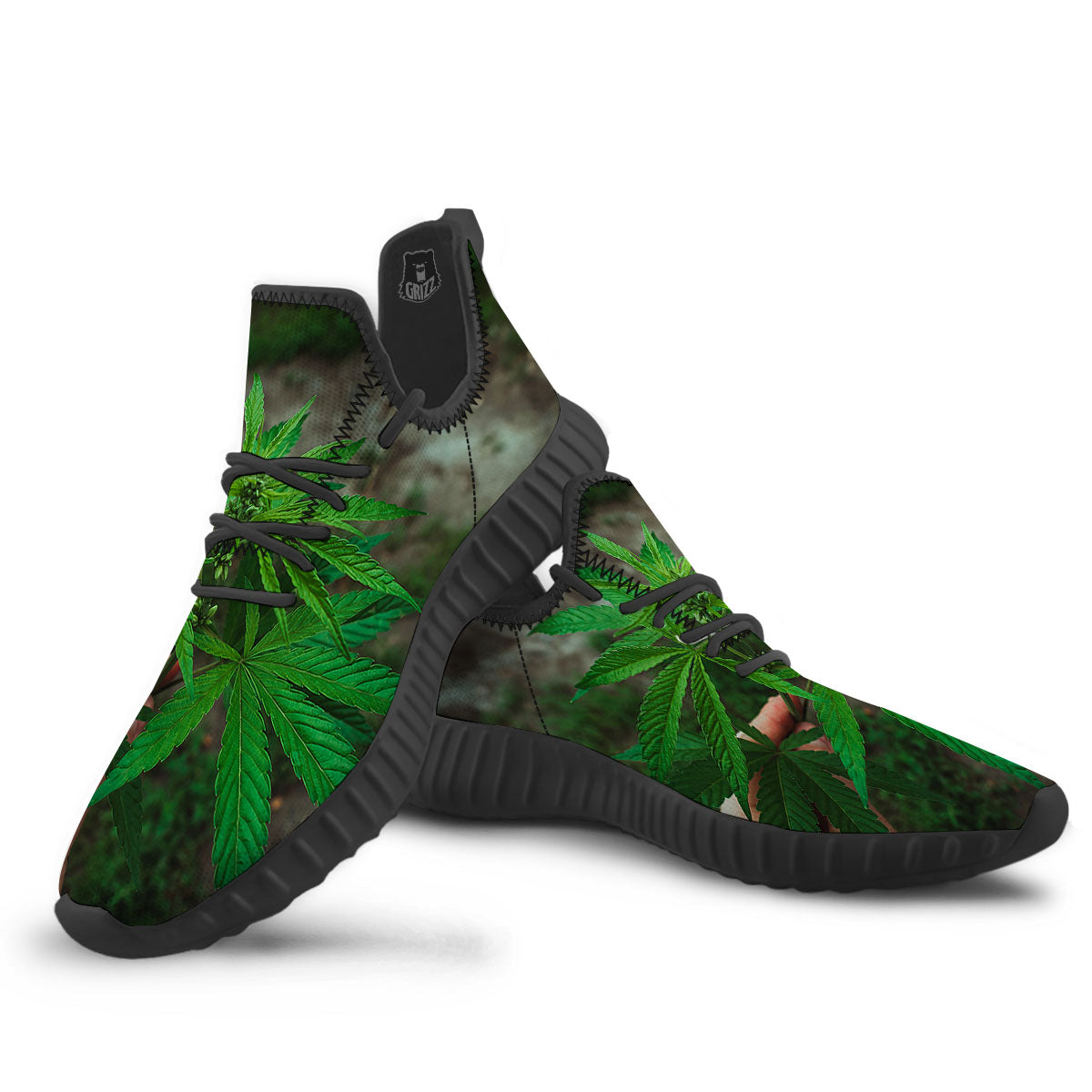 Cannabis Leaf Forest Green Print Black Walking Shoes-grizzshop