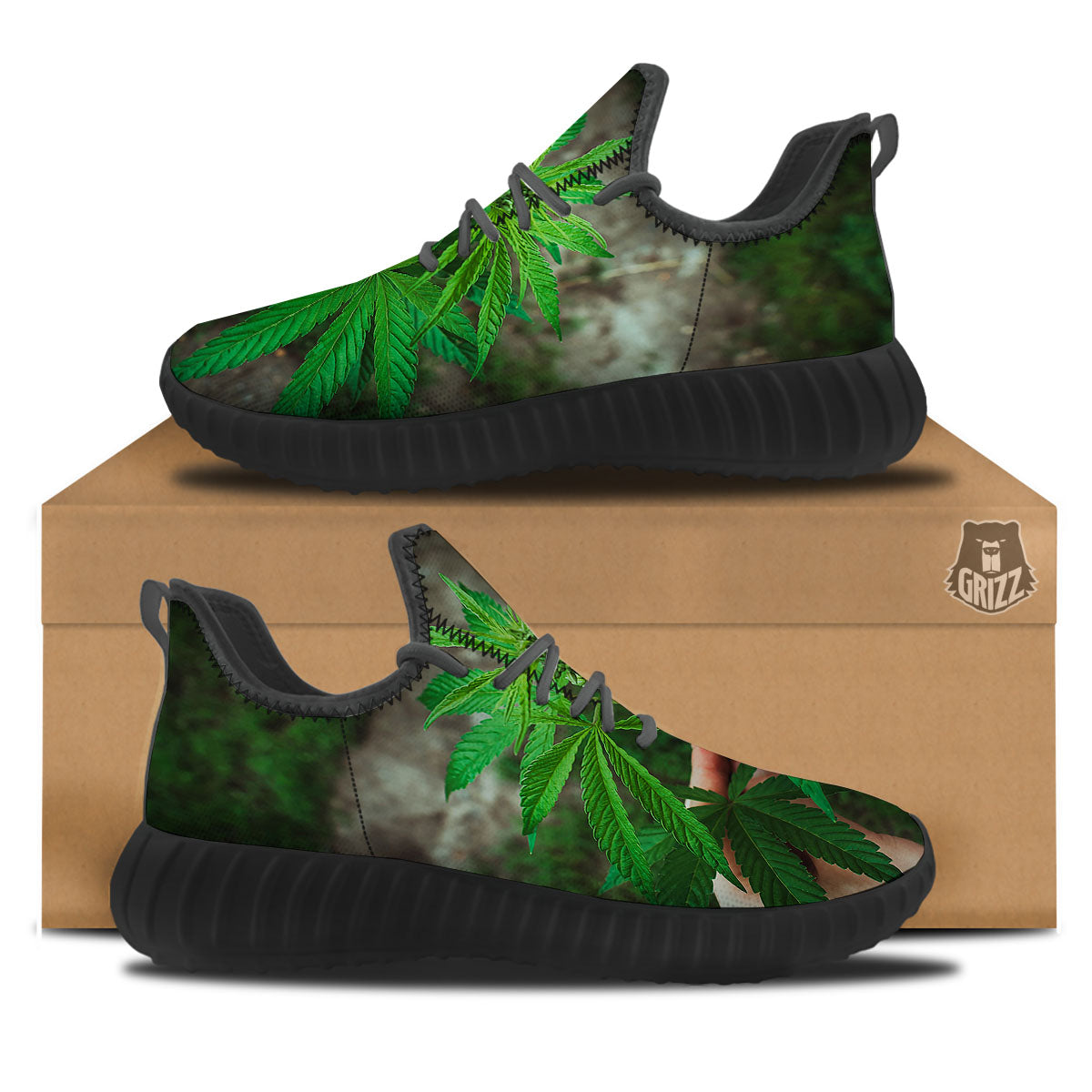 Cannabis Leaf Forest Green Print Black Walking Shoes-grizzshop