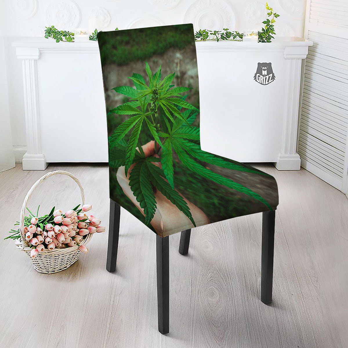 Cannabis Leaf Forest Green Print Dining Chair Slipcover-grizzshop