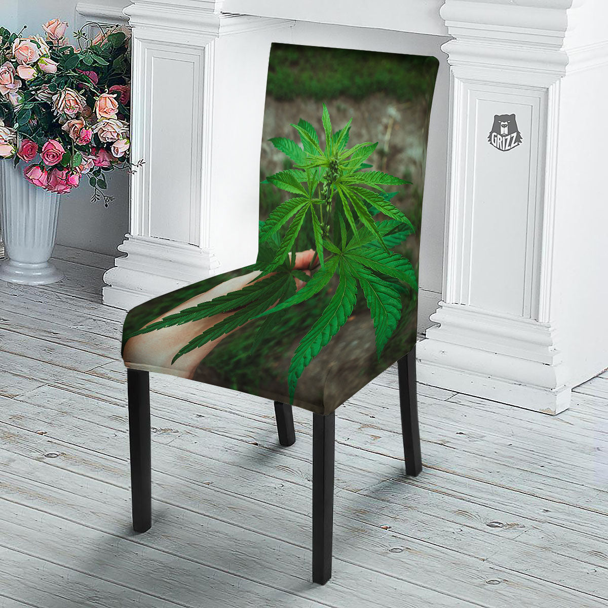 Cannabis Leaf Forest Green Print Dining Chair Slipcover-grizzshop