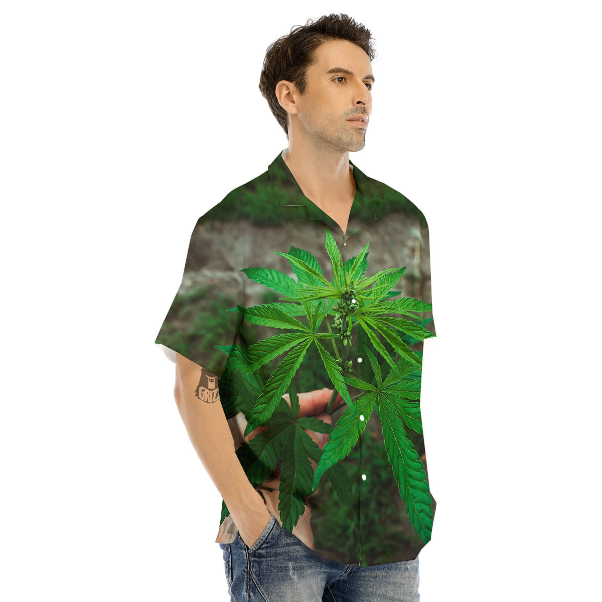 Cannabis Leaf Forest Green Print Men's Hawaiian Shirt-grizzshop