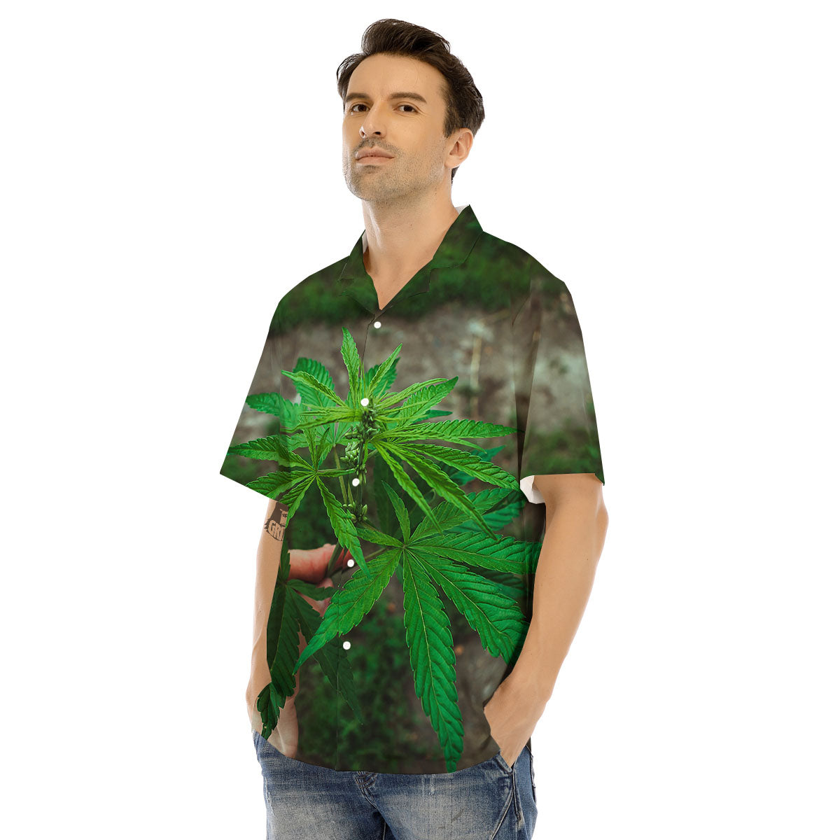 Cannabis Leaf Forest Green Print Men's Hawaiian Shirt-grizzshop