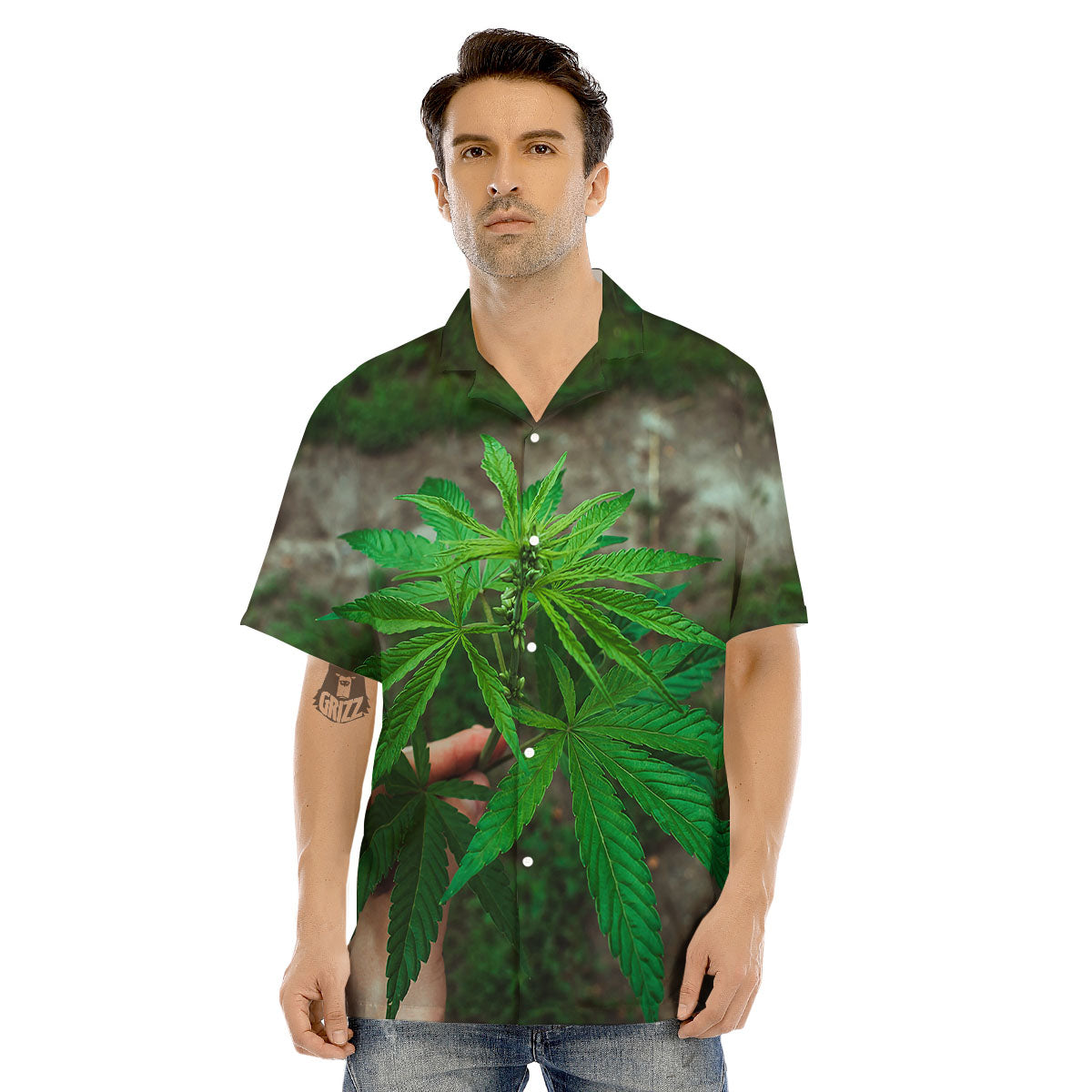 Cannabis Leaf Forest Green Print Men's Hawaiian Shirt-grizzshop