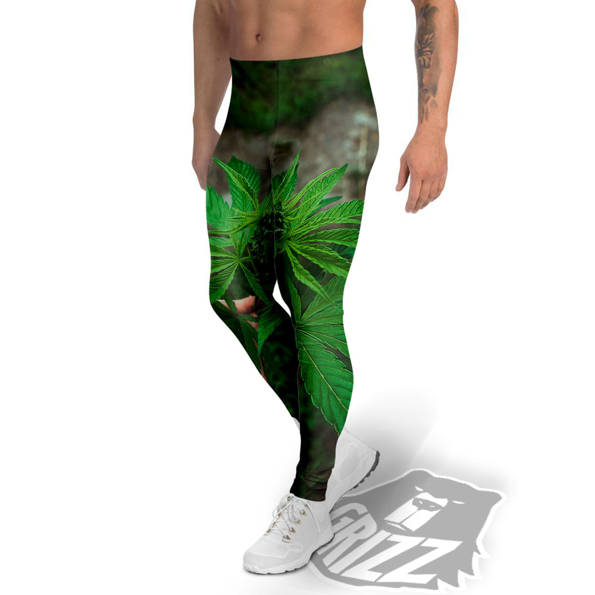 Cannabis Leaf Forest Green Print Men's Leggings-grizzshop