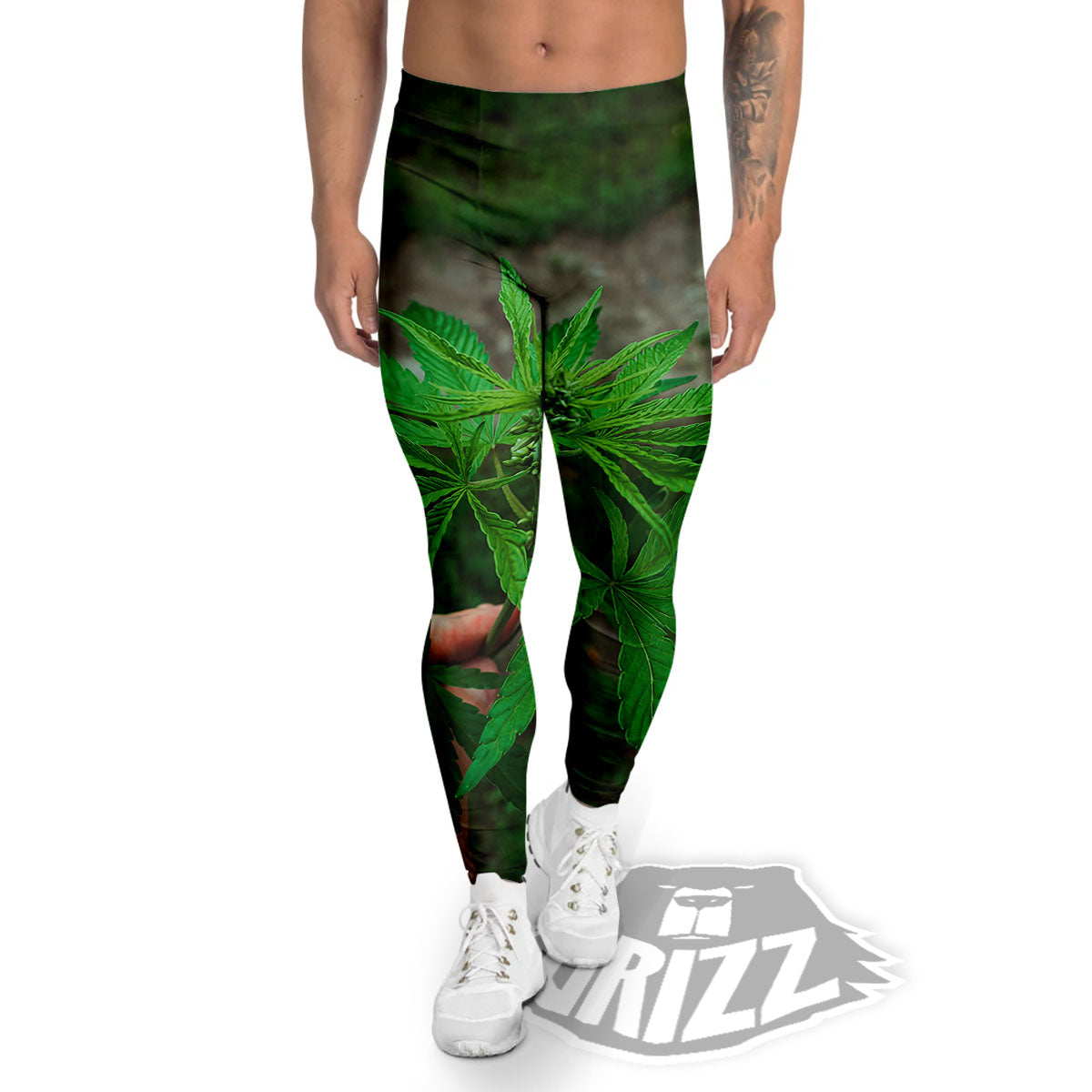 Cannabis Leaf Forest Green Print Men's Leggings-grizzshop