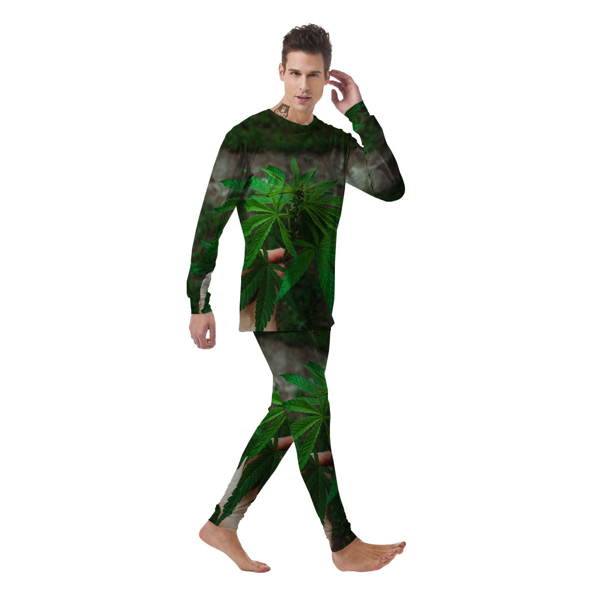 Cannabis Leaf Forest Green Print Men's Pajamas-grizzshop