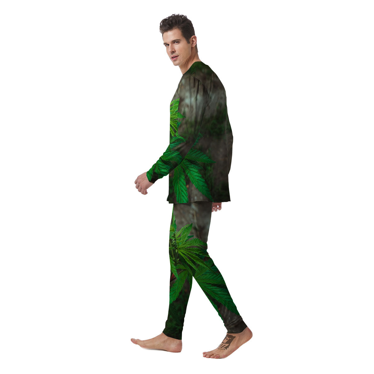 Cannabis Leaf Forest Green Print Men's Pajamas-grizzshop