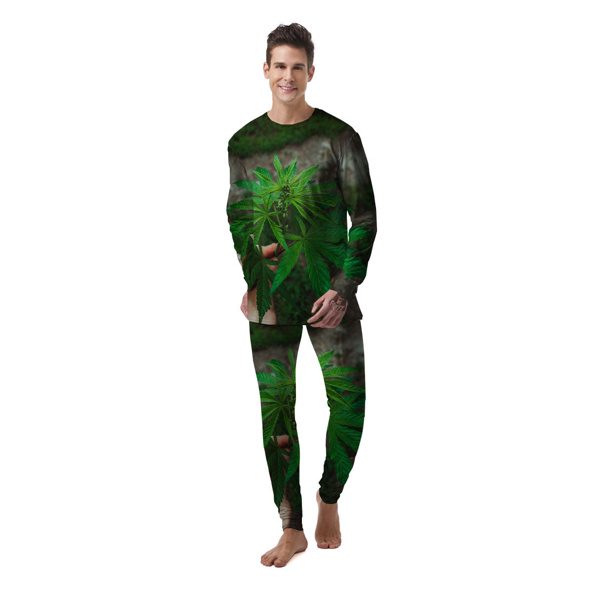 Cannabis Leaf Forest Green Print Men's Pajamas-grizzshop