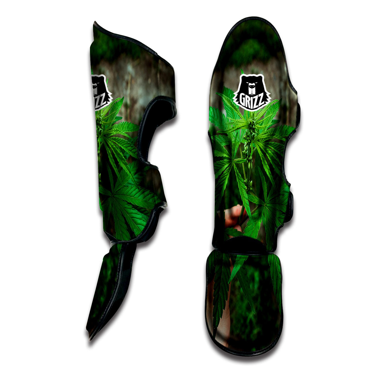 Cannabis Leaf Forest Green Print Muay Thai Shin Guards-grizzshop