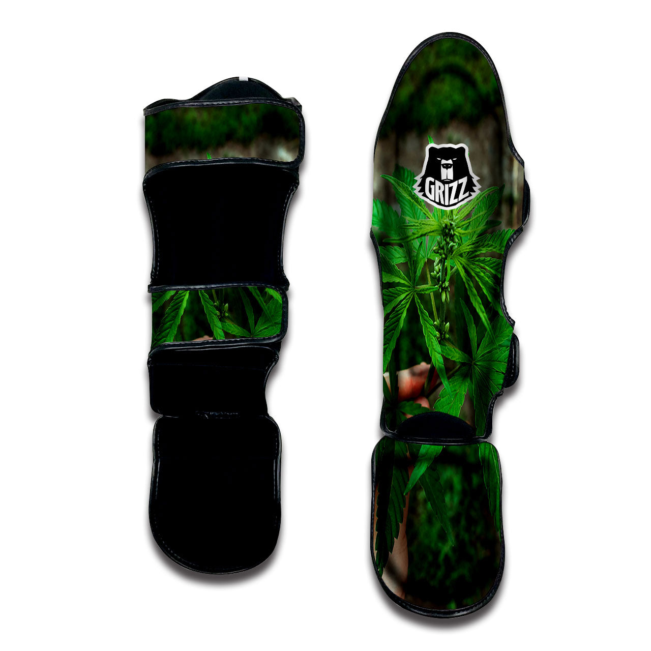 Cannabis Leaf Forest Green Print Muay Thai Shin Guards-grizzshop