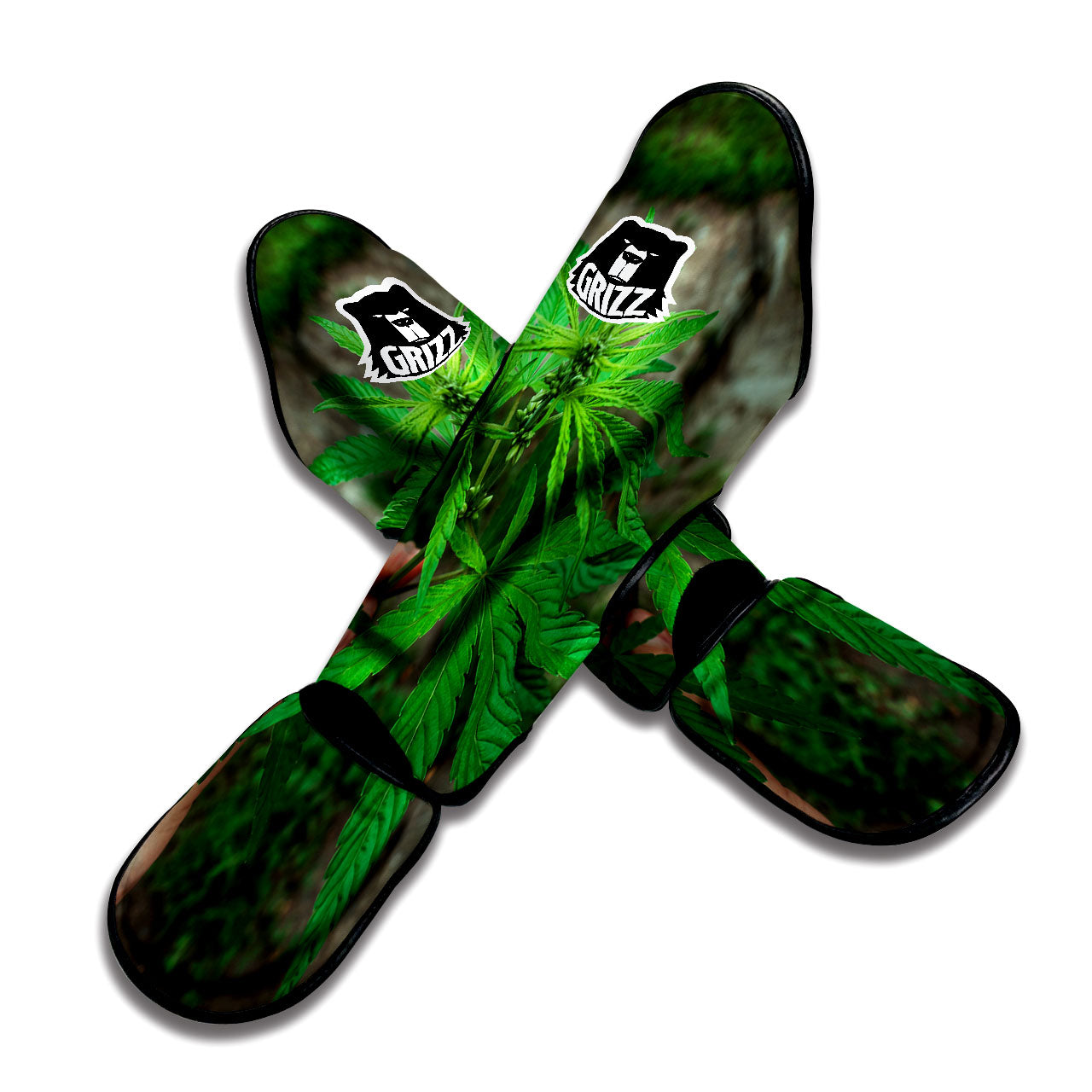 Cannabis Leaf Forest Green Print Muay Thai Shin Guards-grizzshop