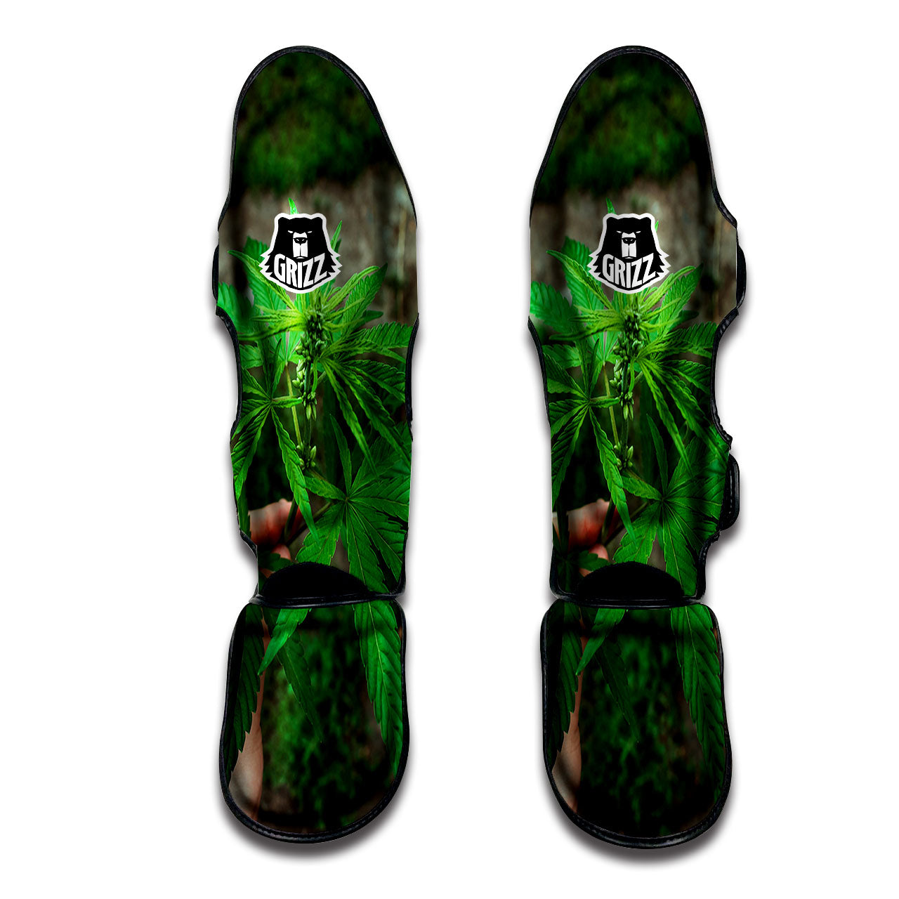 Cannabis Leaf Forest Green Print Muay Thai Shin Guards-grizzshop