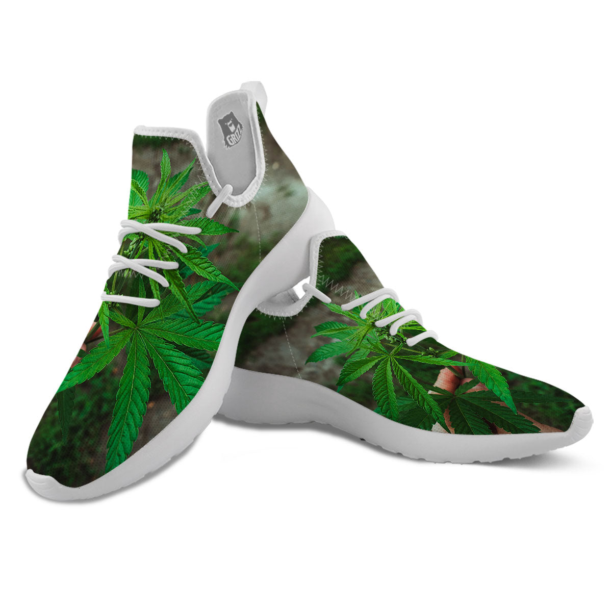 Cannabis Leaf Forest Green Print White Athletic Shoes-grizzshop