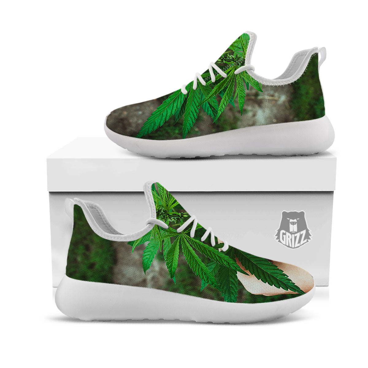 Cannabis Leaf Forest Green Print White Athletic Shoes-grizzshop