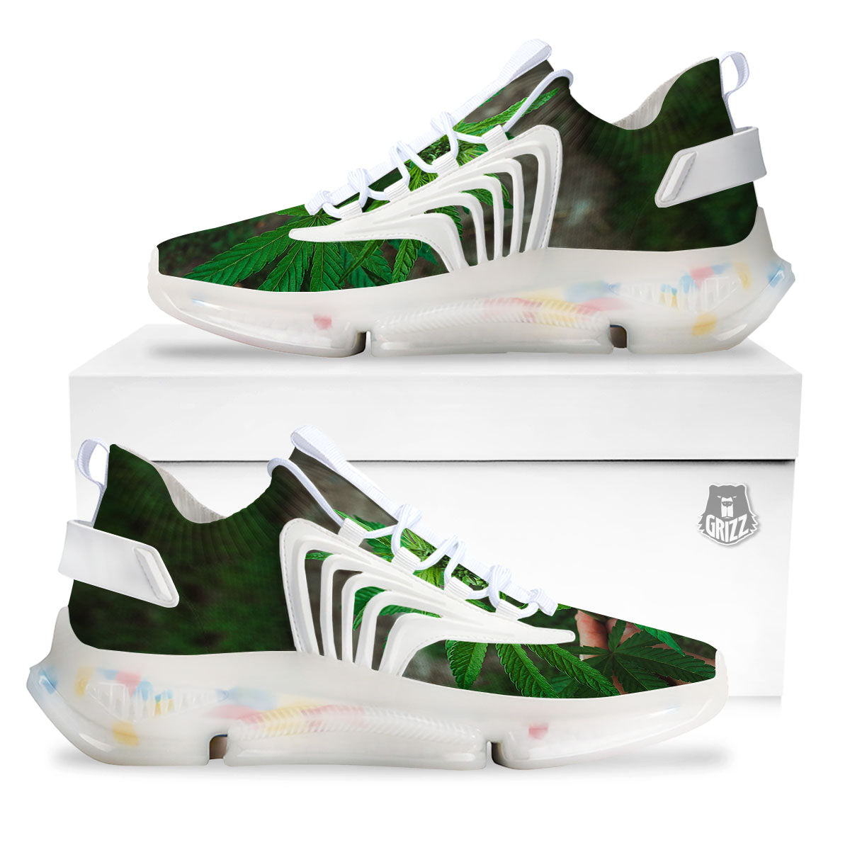 Cannabis Leaf Forest Green Print White Gym Shoes-grizzshop