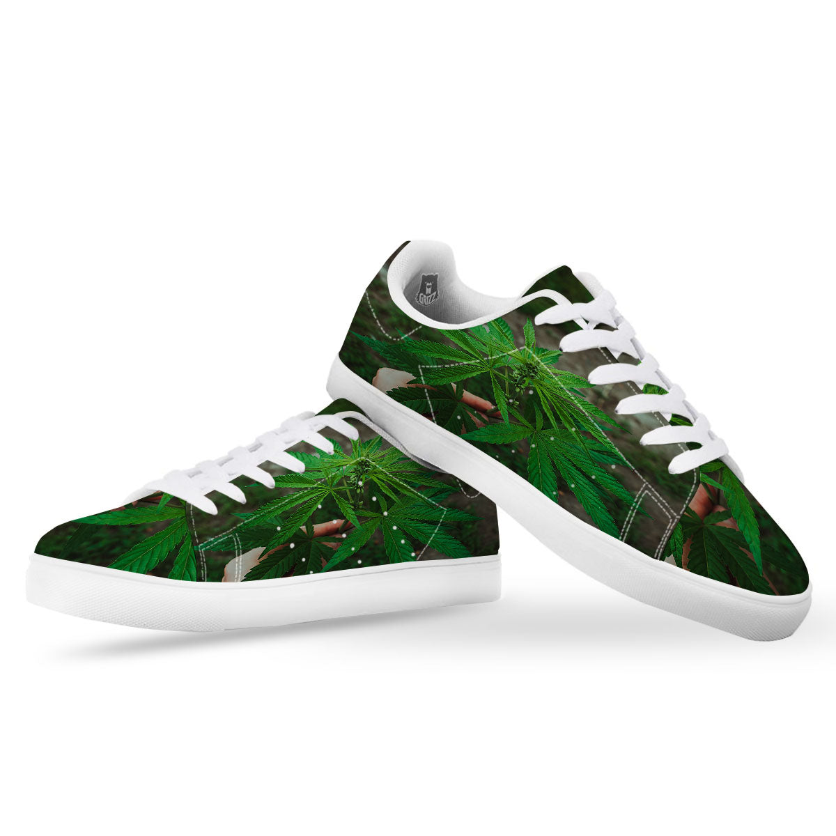 Cannabis Leaf Forest Green Print White Low Top Sneakers-grizzshop