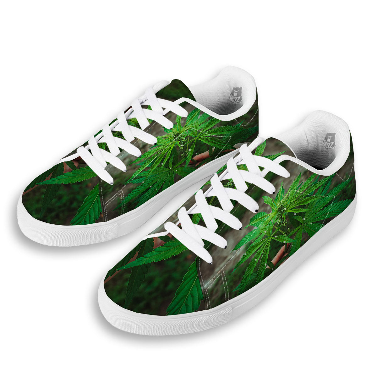 Cannabis Leaf Forest Green Print White Low Top Sneakers-grizzshop